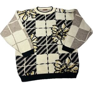 Vintage 80's 3D Knit Spunky‎ Metallic Floral Cream/Black Knit M/L Sweater